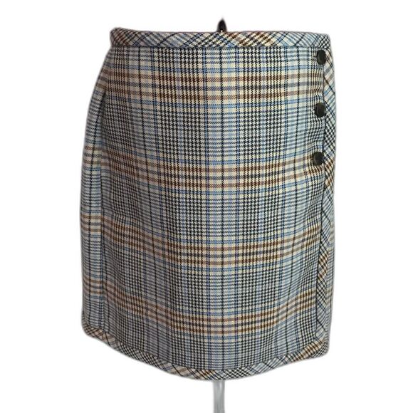 Talbots A-Line Skirt Women Size 10 Blue/Brown Windy Plaid Faux Wrap Knee Length - Picture 12 of 12